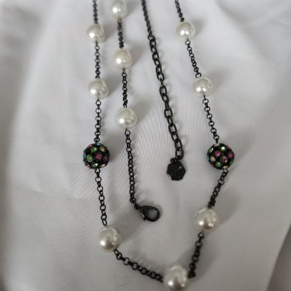 JESSICA SIMPSON PEARL AND MULTI-COLOR BALL BLACK CHAIN NECKLACE
